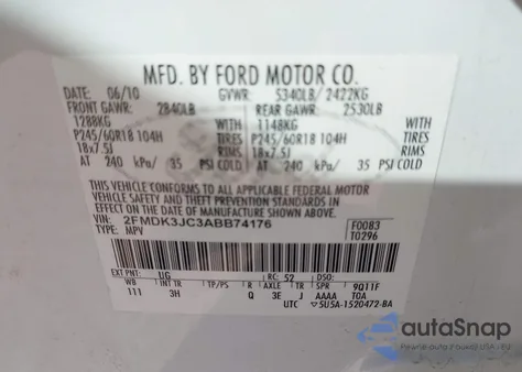 2010 Ford Edge Sel from USA, damaged, VIN 2FMDK3JC3ABB74176